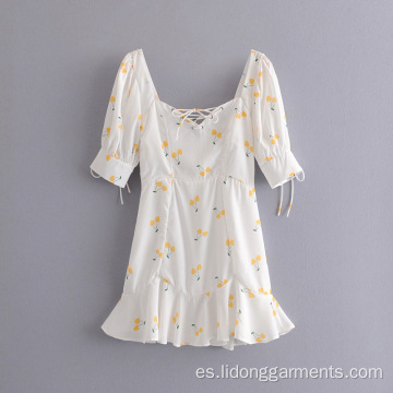 Vestido mini de lace-up de cereza amarillo de mujeres sin espalda